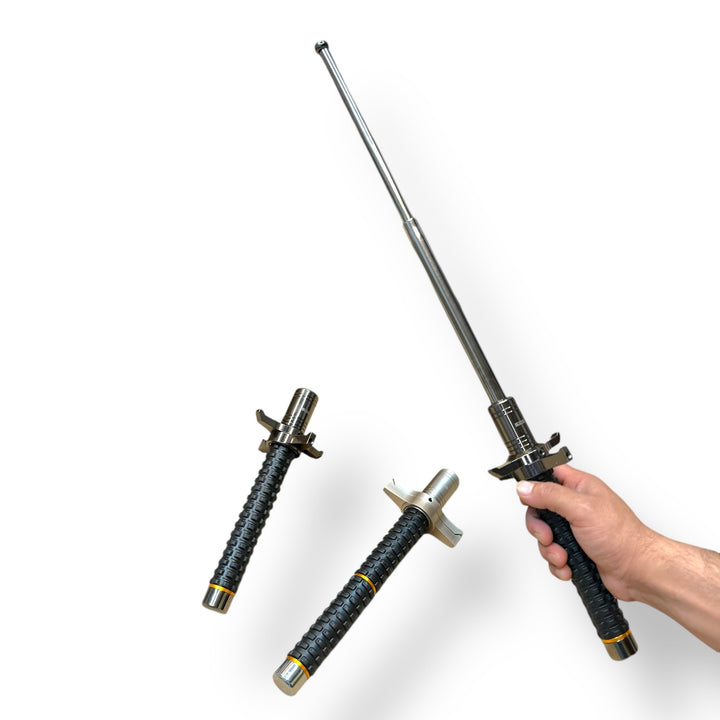 Expandable military baton with interchangeable handles for tactical use