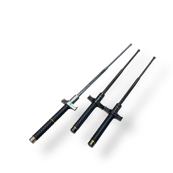 Three black and silver telescopic military batons with textured handles for tactical use