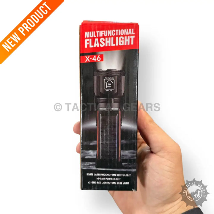 Black Tactical Multifunctional Solar Flashlight in packaging, ideal for outdoor use