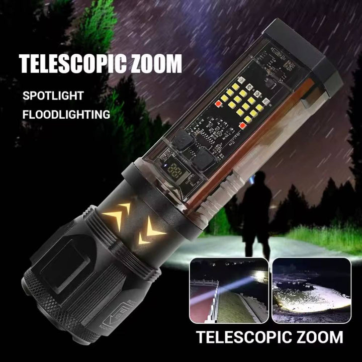 Tactical Multifunctional Solar Flashlight with telescopic zoom for spotlight and floodlighting