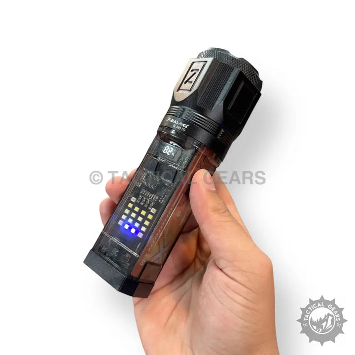 Black Tactical Multifunctional Solar Flashlight with transparent side panel and illuminated battery indicator