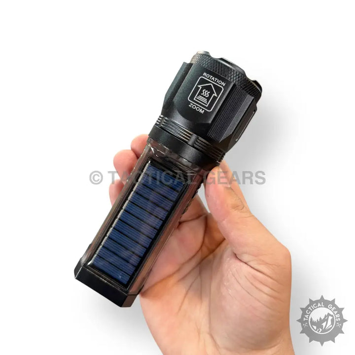 Black Tactical Multifunctional Solar Flashlight with Solar Charging Panel and Zoom Functions