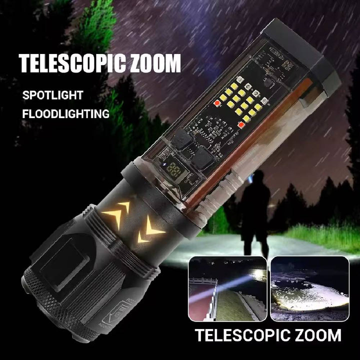 Black Tactical Multifunctional Solar Flashlight with Telescopic Zoom and LED Modes