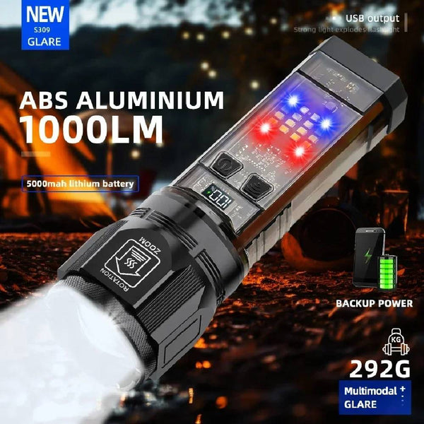 Black ABS Aluminum Tactical Multifunctional Solar Flashlight with 1000 Lumens and USB Power