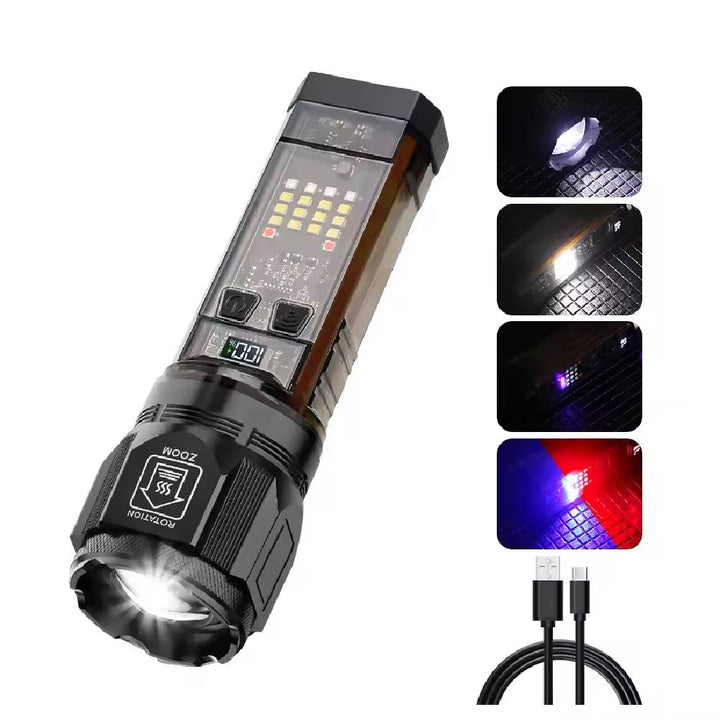 Tactical Multifunctional Solar Flashlight with side LEDs digital display and USB-C charging