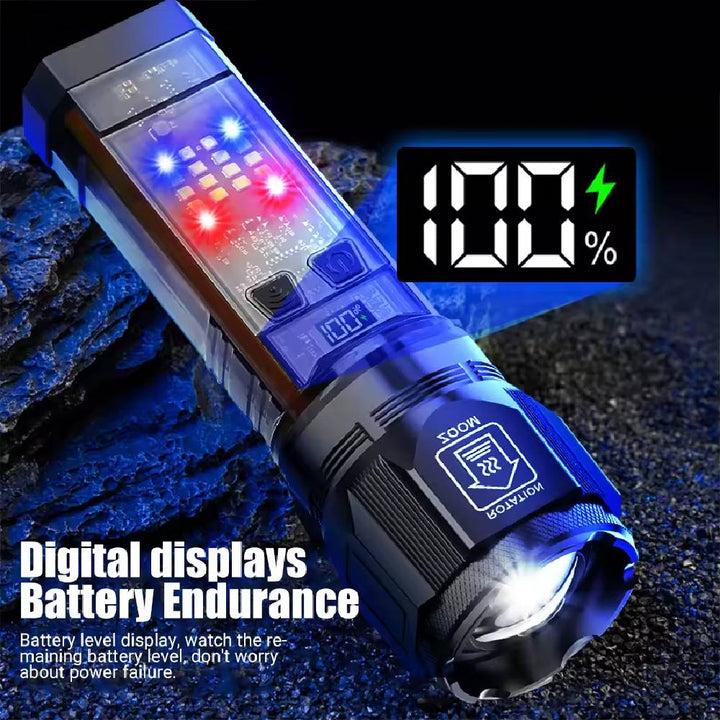 Rechargeable Tactical Multifunctional Solar Flashlight with digital battery display and multiple modes