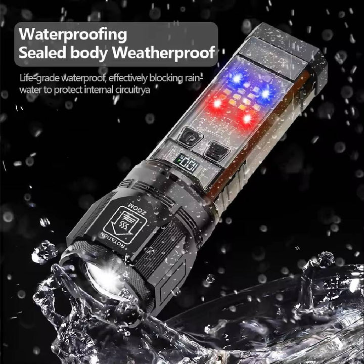 Waterproof sealed body Tactical Multifunctional Solar Flashlight with red blue emergency lights