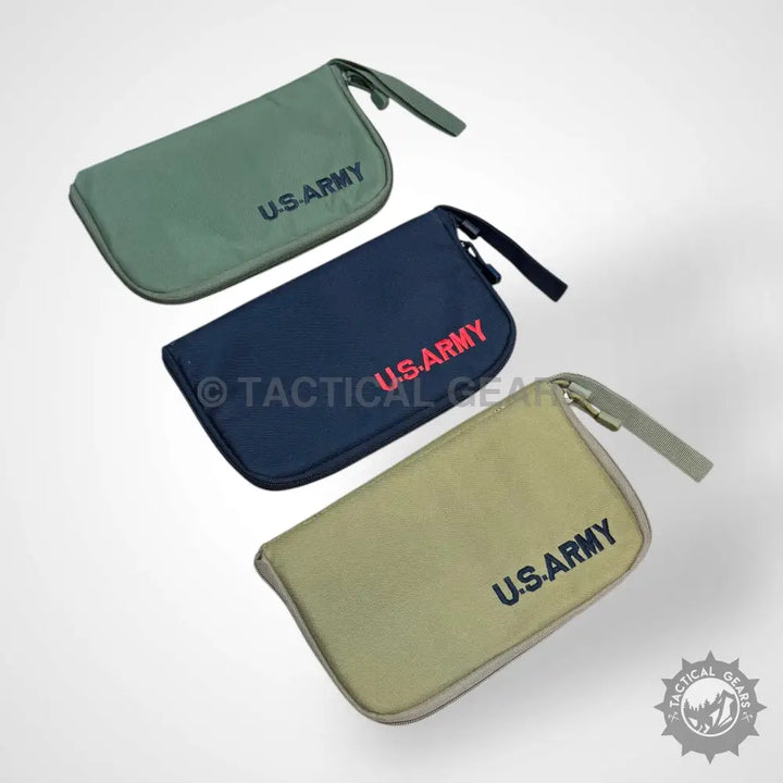 Green navy and tan tactical pistol carrying pouches with zippers for tactical pistol storage