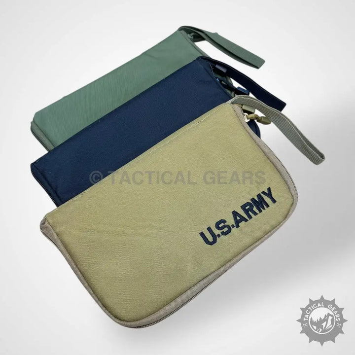 Three tactical pistol carrying pouches in green blue and tan with US ARMY logo