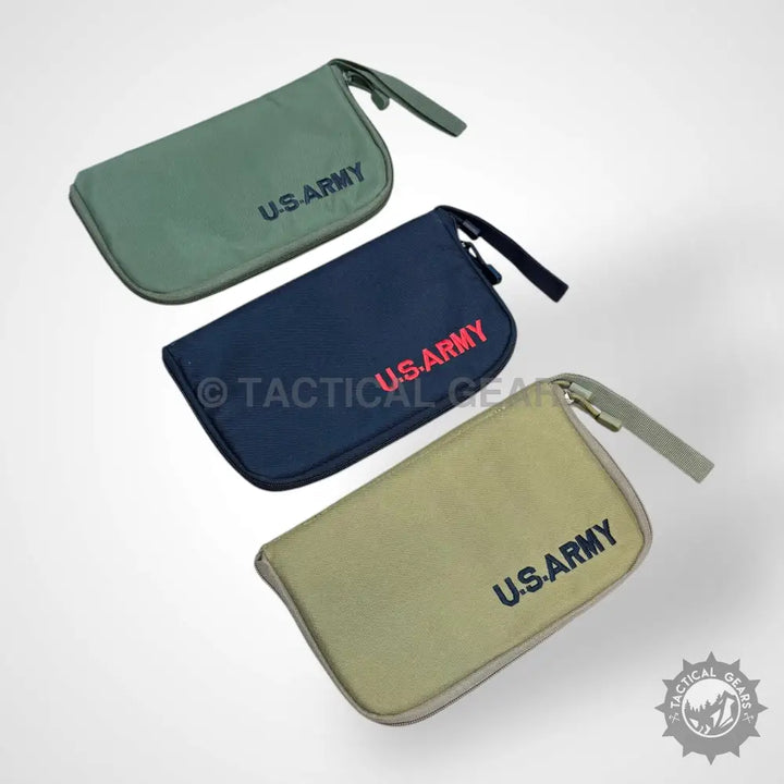 Tactical Pistol Carrying Pouch with three zippered pouches in green navy and tan