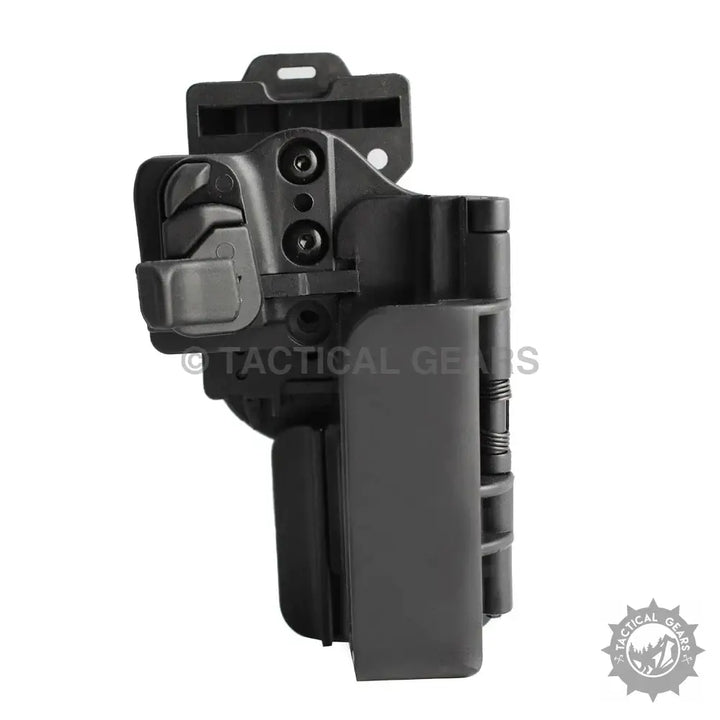 Black polymer tactical pistol holster with active retention and spring loaded design for Glock models