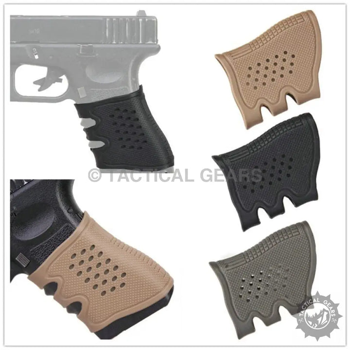 Assorted colors of pistol rubber grip extensions with finger grooves and textured surfaces