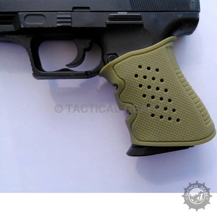 Black pistol with olive green textured rubber grip from Rubber Grip Pack for enhanced handling