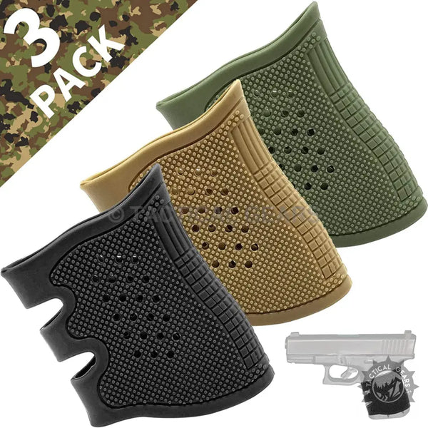 Textured rubber grip pack with black, tan, and olive green pistol rubber grips