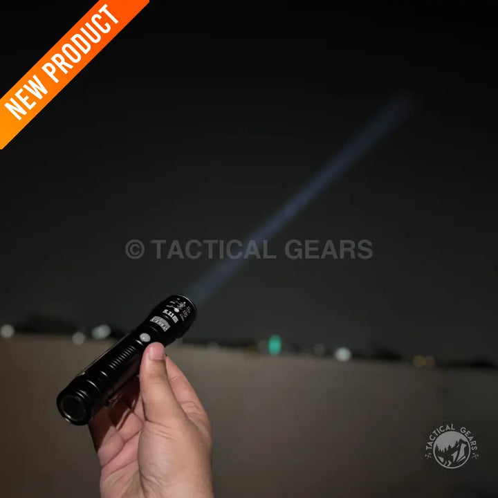 Black tactical pocket flashlight with visible beam and 1km range for Tactical Pocket Flashlight 1km Range