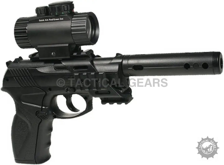 Black pistol with red green dot sight and barrel extension for tactical shooting