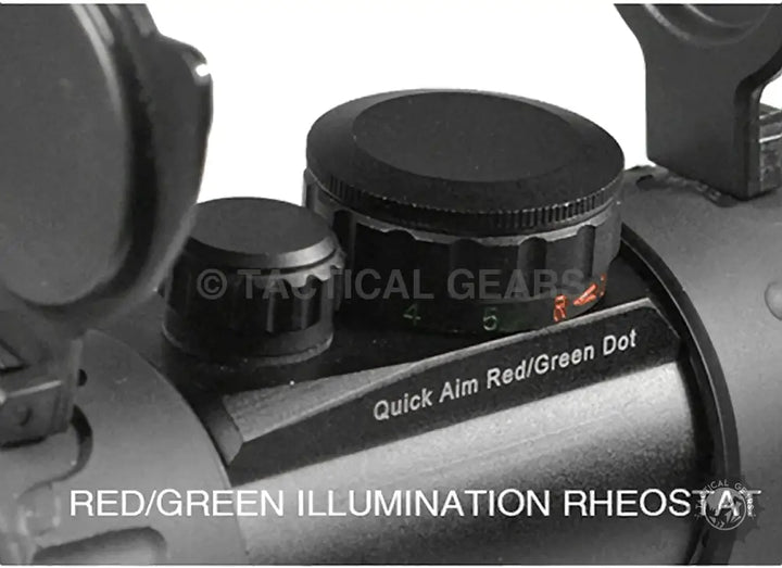 Close-up of UTG tactical scope with illumination controls featuring red green dot options