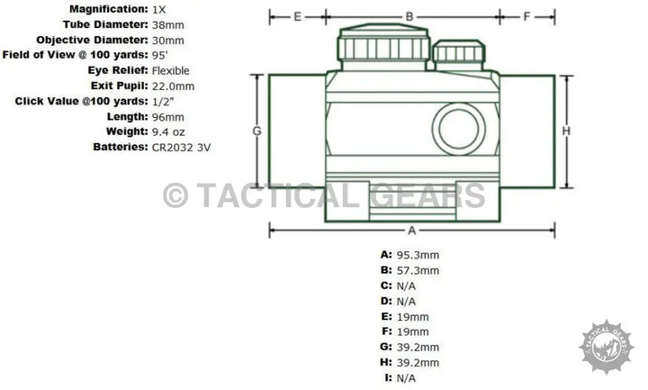 Schematic diagram of UTG 3.8 inch Red Green Dot Sight with dimensions and specs