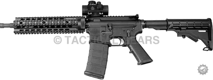 Black AR-15 style rifle with UTG red green dot sight, quad rail handguard, adjustable stock