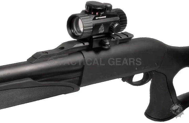 Black shotgun with UTG red green dot sight and integral QD mount for improved accuracy