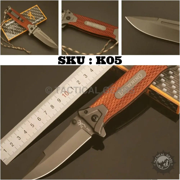 Browning 364 folding knife with rosewood handle, silver blade, lanyard