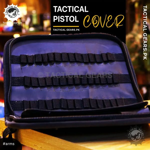 Black tactical safety case with elastic loops for secure pistol storage