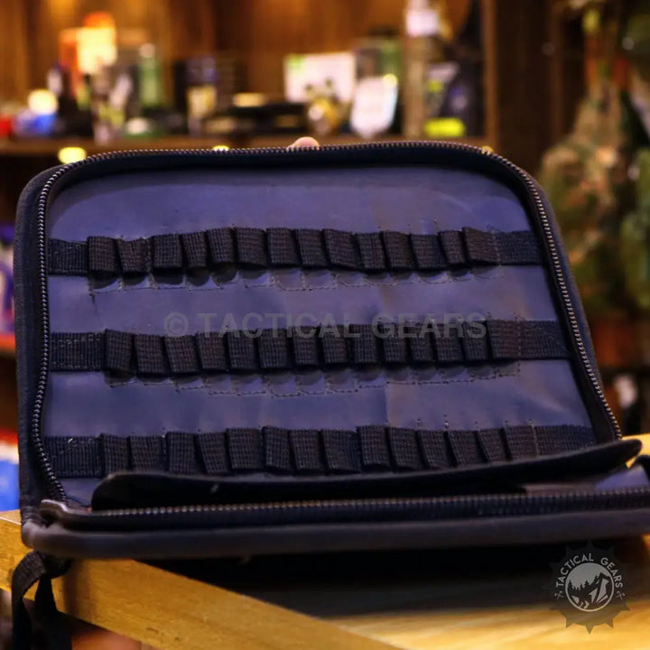 Dark blue tactical safety case with elastic loops for secure item organization