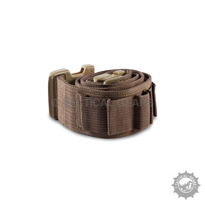 Coiled brown tactical shotgun cartridge belt with tan buckle for hunting and outdoor use