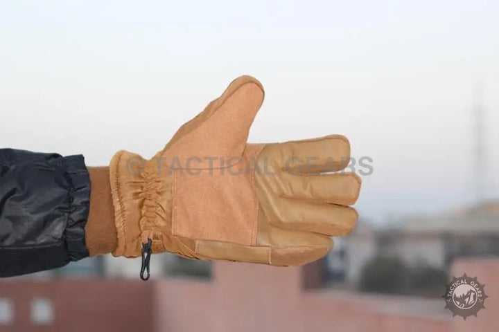 Tactical Thermal Layered Gloves made of tan leather with gathered cuff and adjustable drawstring