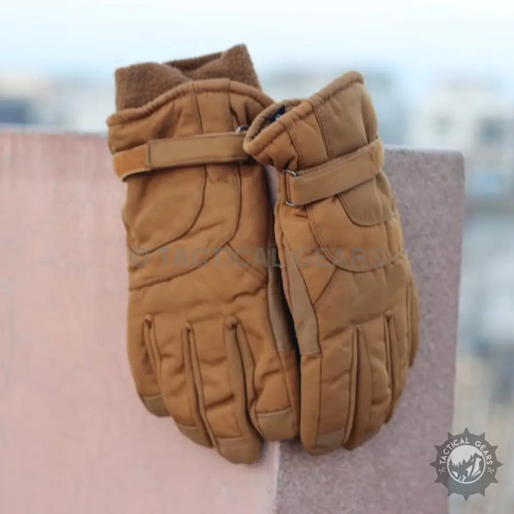 Tactical Thermal Layered Gloves with tan insulated material and adjustable wrist straps