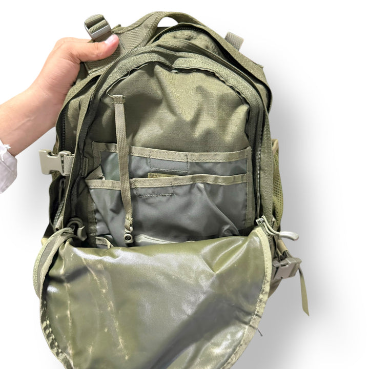 Open olive green tactical backpack with multiple internal pockets from American Lot imported collection