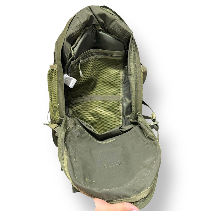 Open olive green tactical backpack with multiple compartments and mesh pockets from American Lot imported