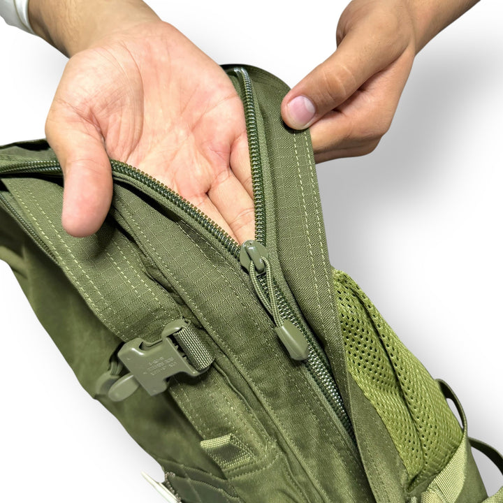 Hands opening a green tactical backpack from American Lot imported 40L waterproof gear