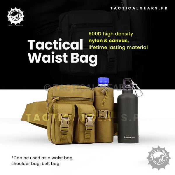 Tan Tactical Waist Bag with multiple pouches and water bottle holder for waist belt use