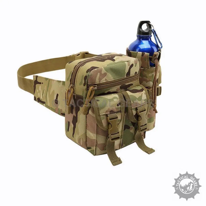 Camouflage tactical waist bag with water bottle holder and adjustable waist belt