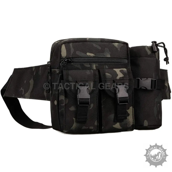 Black camouflage tactical waist bag with water bottle holder and multiple pockets