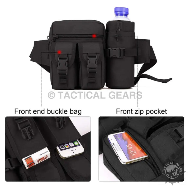 Black Tactical Waist Bag with water bottle holder and multiple compartments for essentials