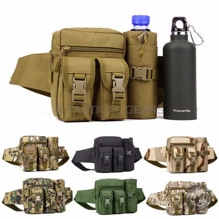 Tactical Waist Bag with multiple compartments, camouflage patterns, and water bottle holder