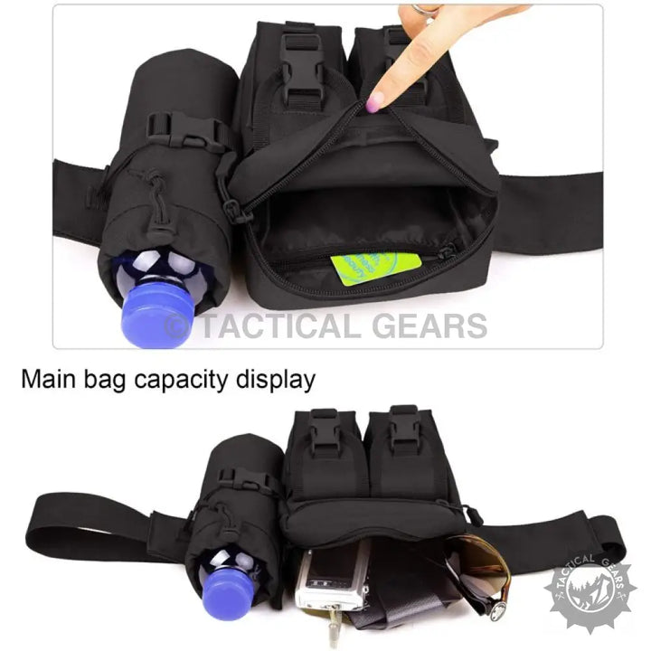 Black Tactical Waist Bag with Water Bottle Holder, Multiple Compartments, Adjustable Waist Belt