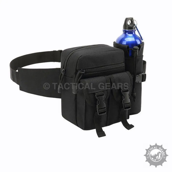 Black tactical waist bag with water bottle holder and multiple compartments for waist belt use