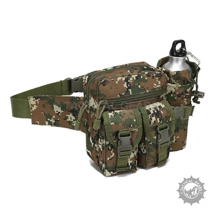 Camouflage tactical waist bag with water bottle holder and adjustable waist belt