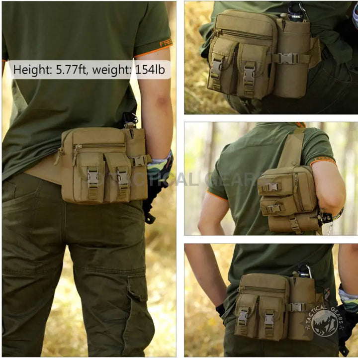Khaki Tactical Waist Bag with multiple pockets and water bottle holder for waist belt comfort