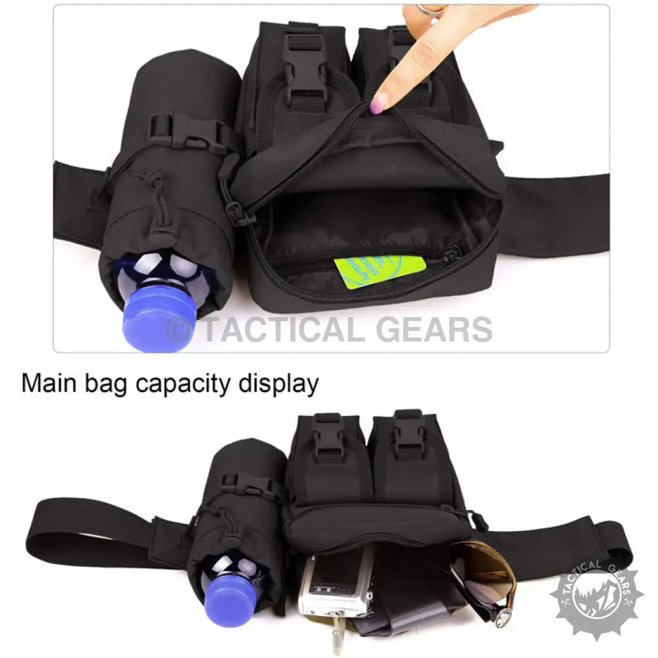 Black tactical waist bag with water bottle holder and multiple compartments for waist belt storage