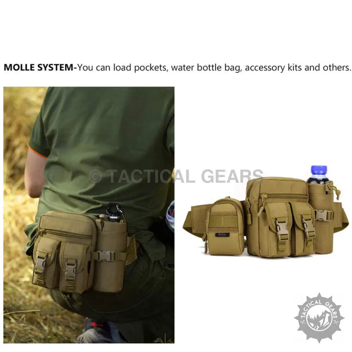 Tan tactical waist bag with water bottle holder and multiple pouches for waist belt storage