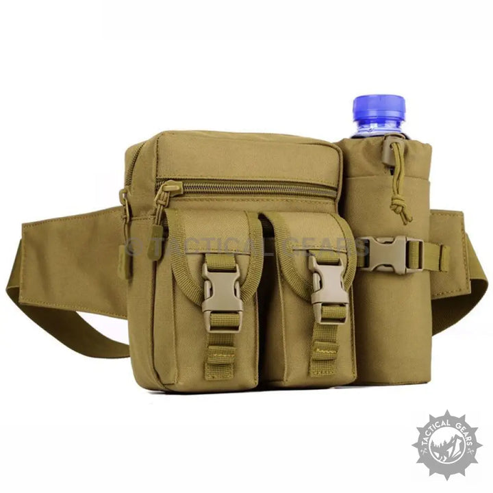 Tan tactical waist bag with multiple pockets and water bottle holder for waist belt use