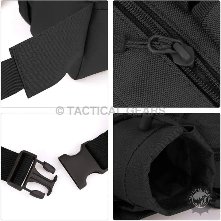 Black tactical waist bag with adjustable waist belt, zippered compartment, and drawstring pouch