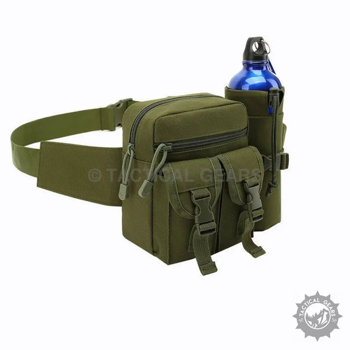 Olive green tactical waist bag with water bottle holder and adjustable waist belt