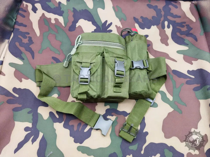 Olive green tactical waist bag with multiple pouches, adjustable waist belt, water bottle holder