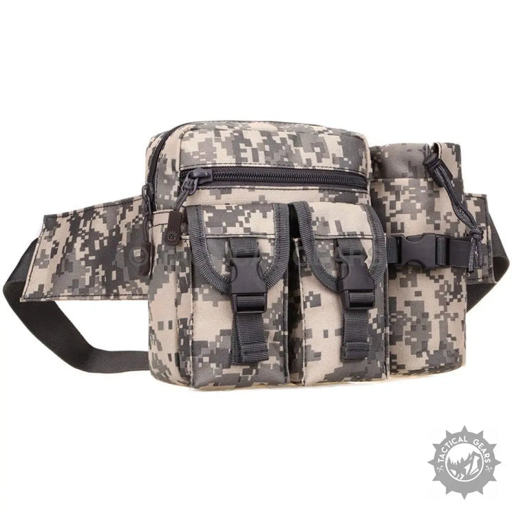 Digital camouflage waist bag with multiple compartments and adjustable waist belt for convenience
