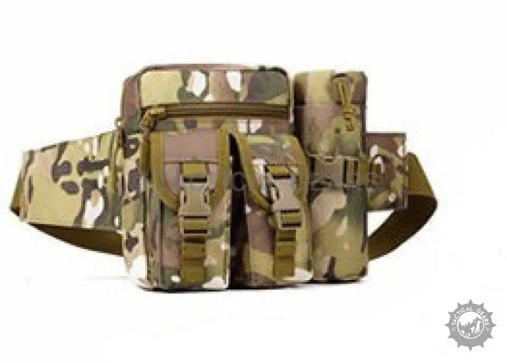 Camouflage tactical waist bag with water bottle holder and multiple pouches for waist belt